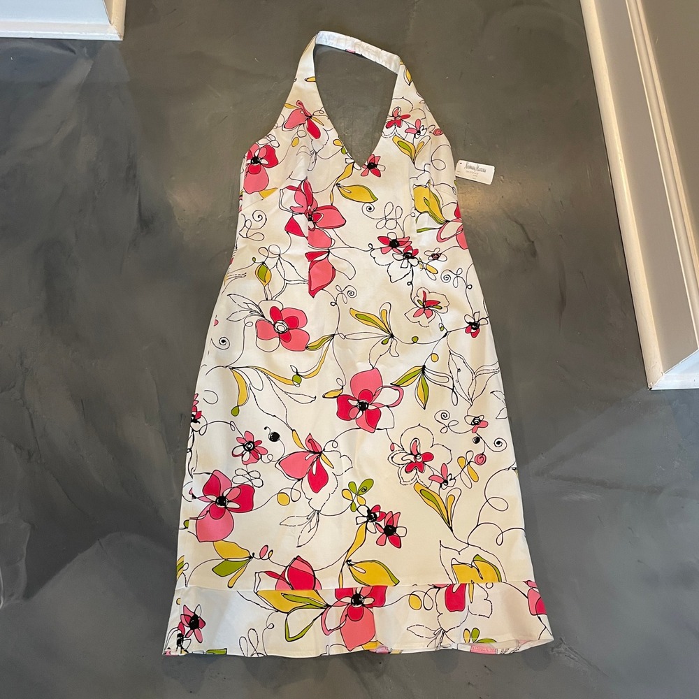David Meister Floral Halter Y2K Dress Pink Yellow V-Neck Ruffle Hem NWT Size 4